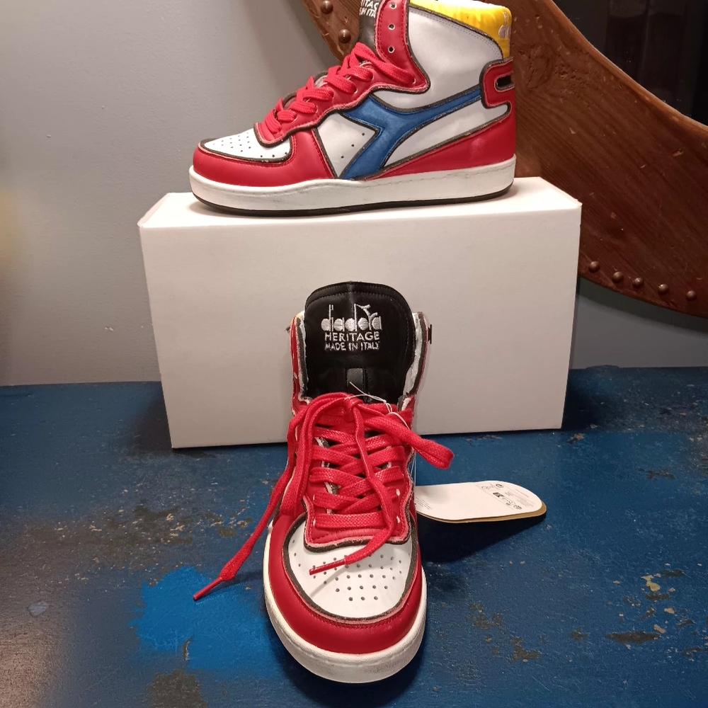 Diadora Leather High Top Sneakers - Red, Blue, Yellow - Picture 3 of 7